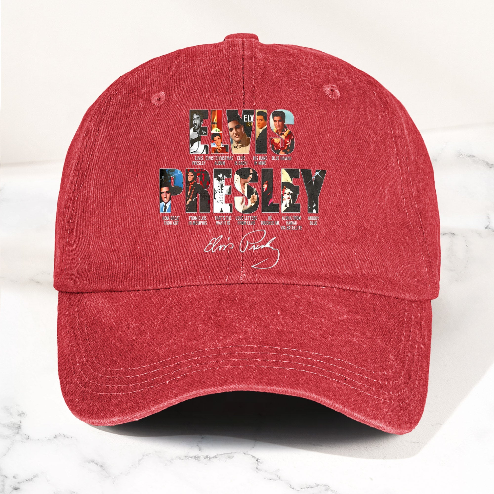 Elvis Presley Denim Dad Cap Iconic Album Collage Design ( With BOX)