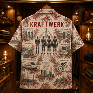 Kraftwerk Hawaiian Shirt - Retro Electronic Band AOP Button Up Shirt with Autobahn, The Robots and Computer World Art