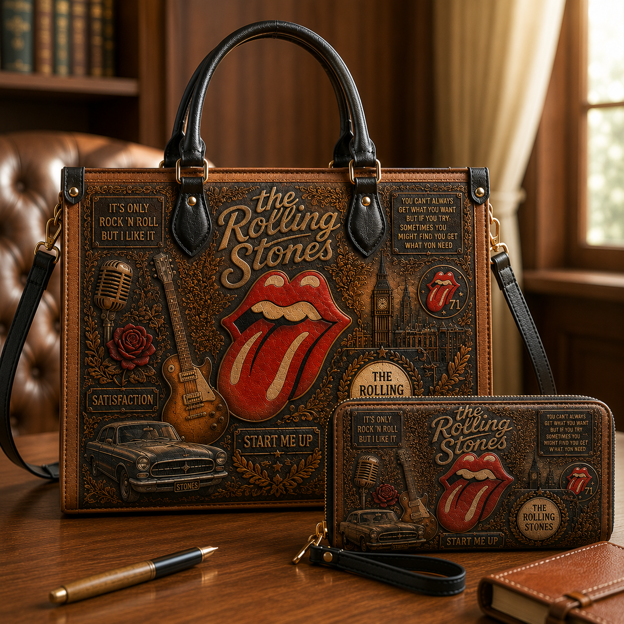 The Rolling Stones Handbag, Tote Bag and Wallet Set, Tongue Logo Classic Rock Accessories, Music Fan Gift