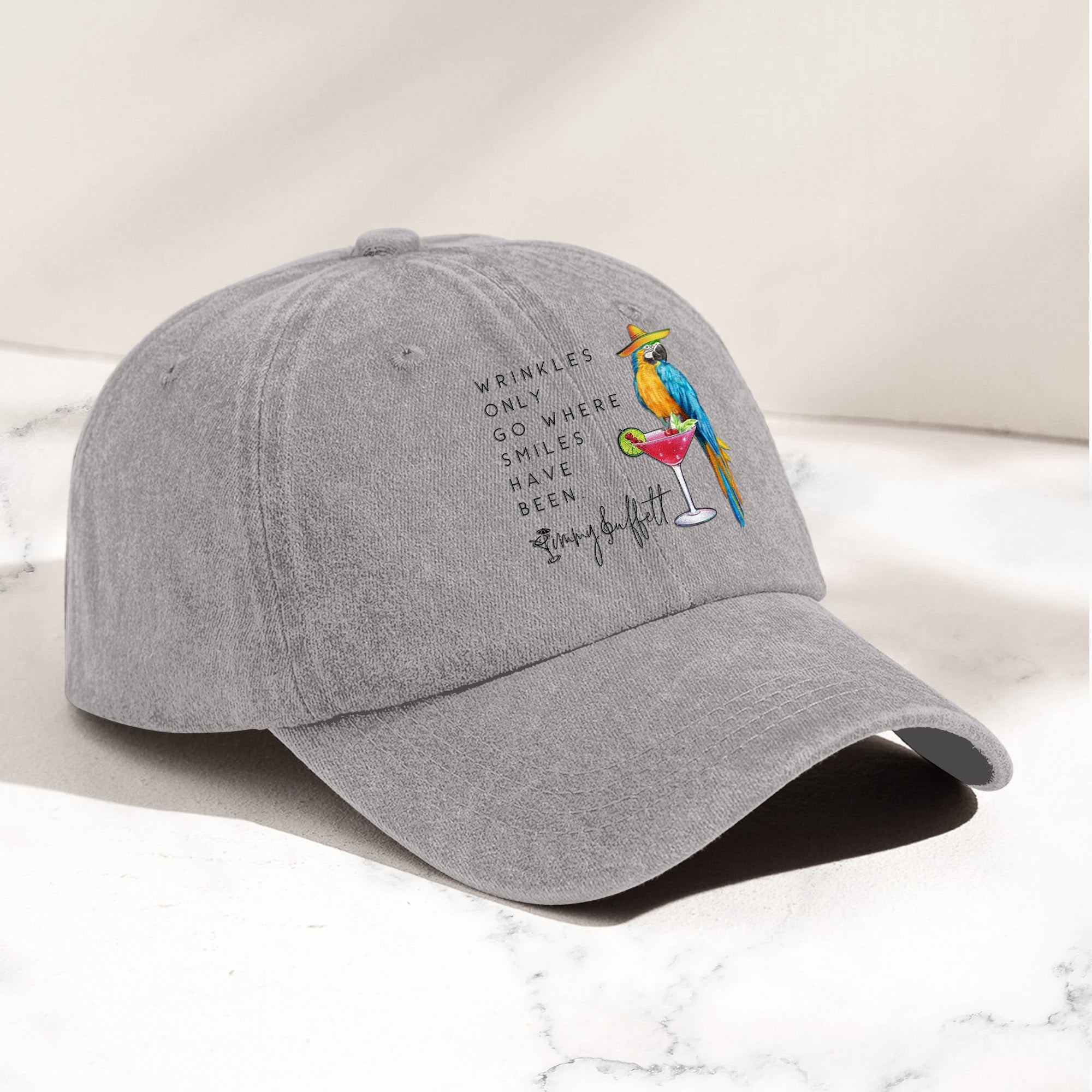 Jimmy Buffett Quote Denim Dad Cap "Wrinkles Only Go Where Smiles Have Been"