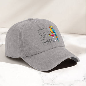 Jimmy Buffett Quote Denim Dad Cap "Wrinkles Only Go Where Smiles Have Been"