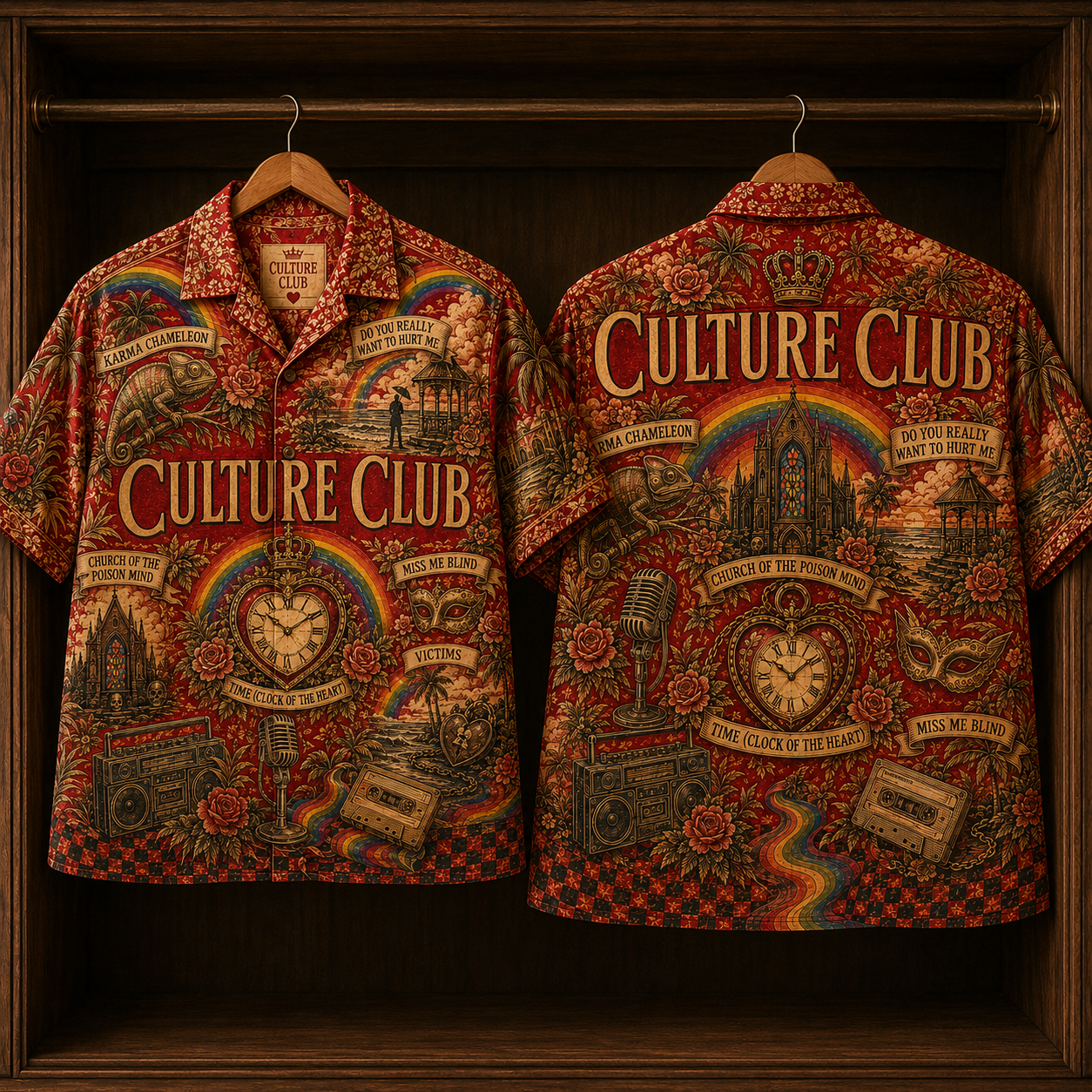 Culture Club Hawaiian Shirt - Retro 80s New Wave AOP Button Up Shirt with Karma Chameleon and Time Clock of the Heart Art