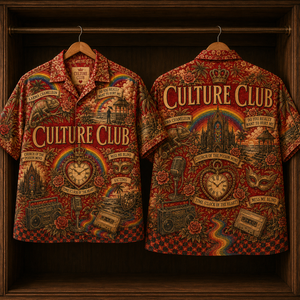 Culture Club Hawaiian Shirt - Retro 80s New Wave AOP Button Up Shirt with Karma Chameleon and Time Clock of the Heart Art