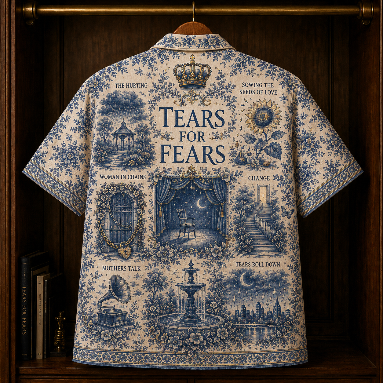 Tears For Fears Hawaiian Shirt - Unisex Toile De Jouy Delft Blue Floral Button Up