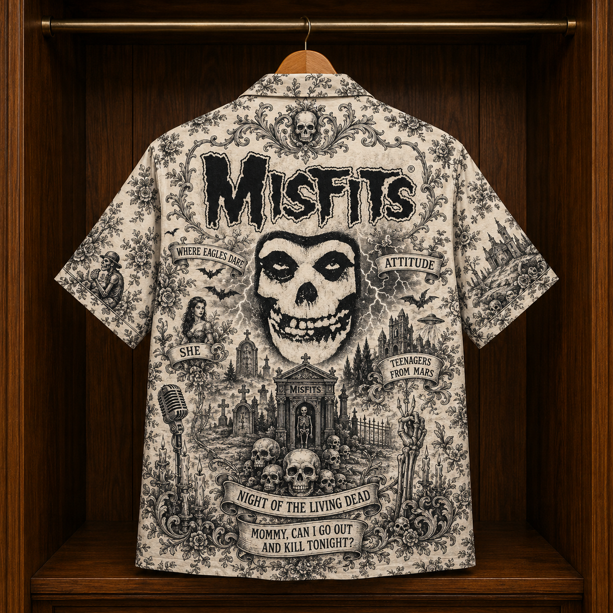 Misfits Hawaiian Shirt - Unisex Vintage Toile De Jouy Fiend Skull Button Up