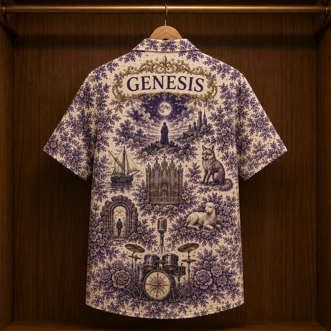 Genesis Hawaiian Shirt - Unisex Vintage Toile De Jouy Lavender Purple Button Up