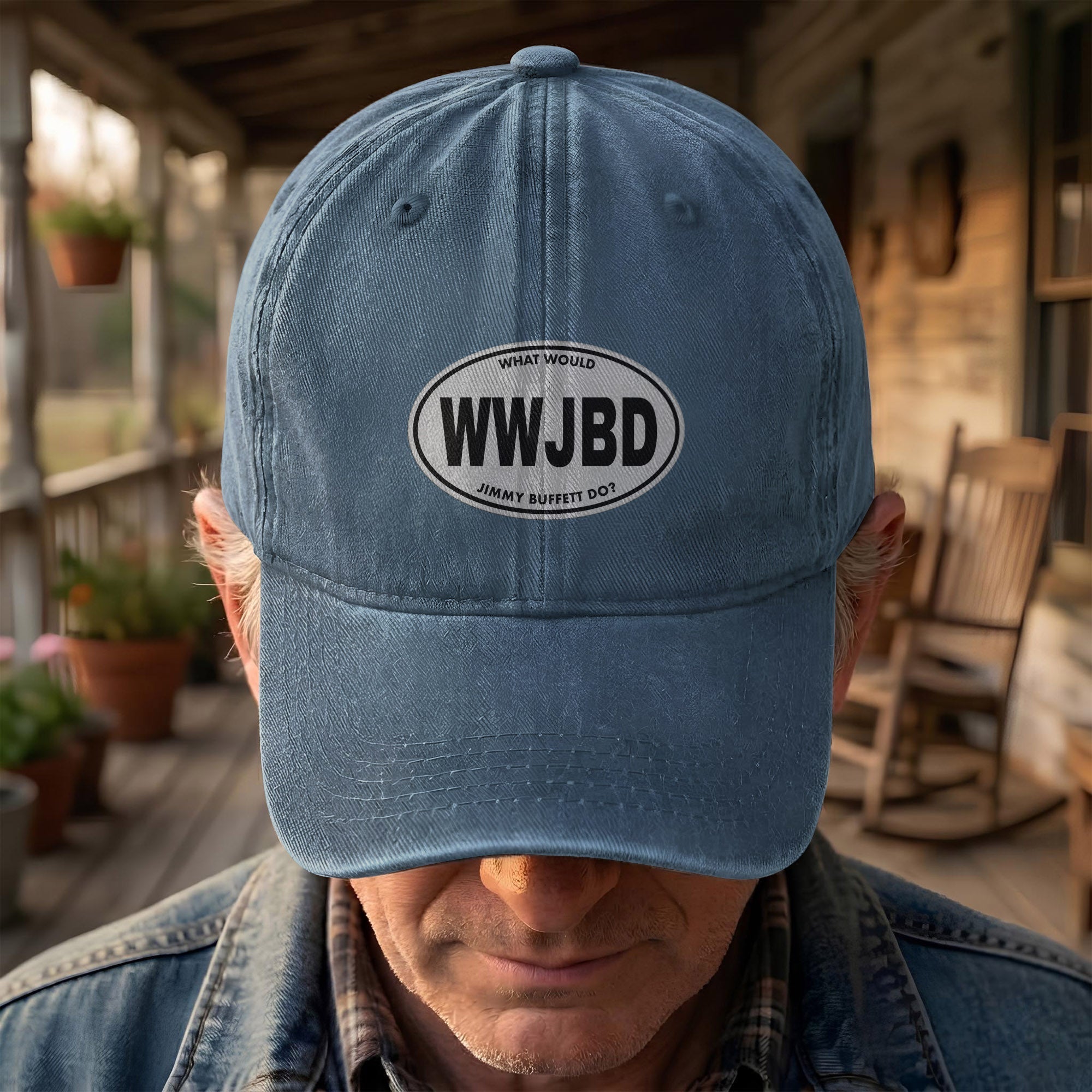 WWJBD Denim Cap Retro Jimmy Buffett Inspired Dad Hat (With Box)