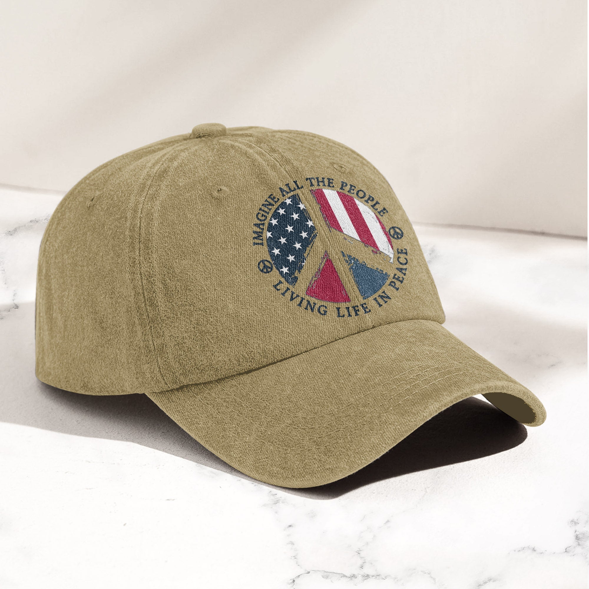 John Lennon Imagine All The People Living Life In Peace Sign American Flag Denim Cap Retro Vintage Dad Cap Gift For Dad (With Box)
