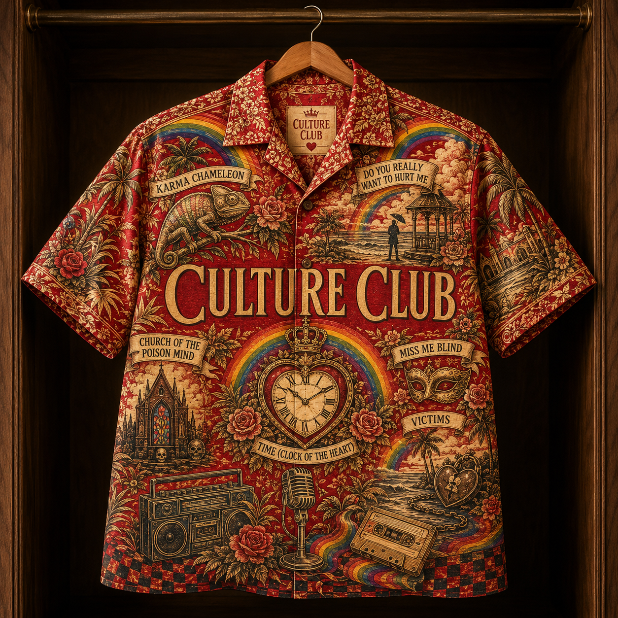 Culture Club Hawaiian Shirt - Retro 80s New Wave AOP Button Up Shirt with Karma Chameleon and Time Clock of the Heart Art