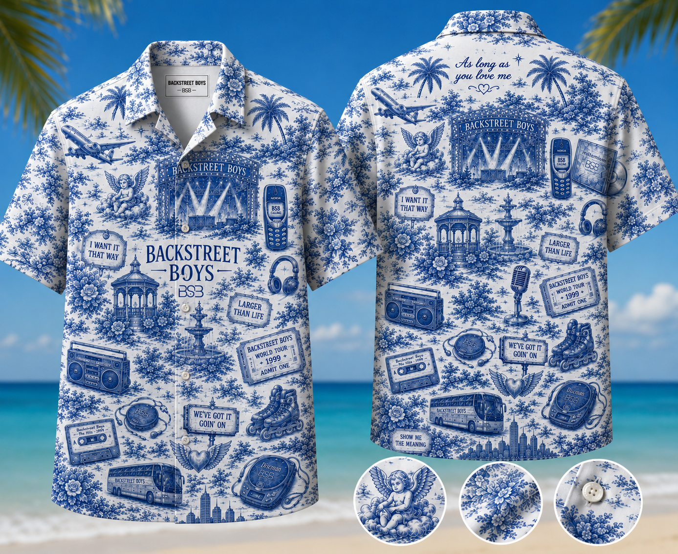 Backstreet Boys Hawaiian Shirt - Unisex Blue and White Porcelain Pop Band Button Up