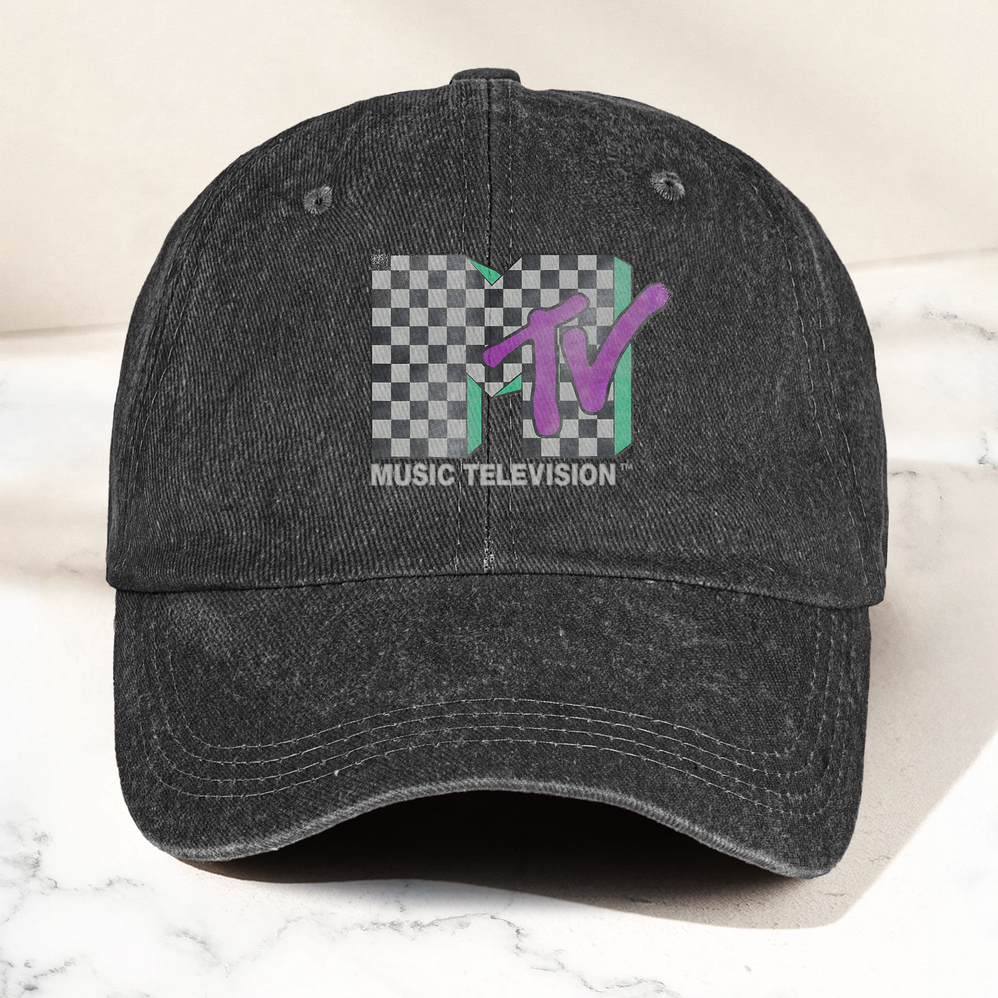 MTV Checkerboard Logo Cap Vintage Washed Hat, Retro 80s Music Television Streetwear Hat (With Box)