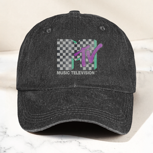 MTV Checkerboard Logo Cap Vintage Washed Hat, Retro 80s Music Television Streetwear Hat (With Box)