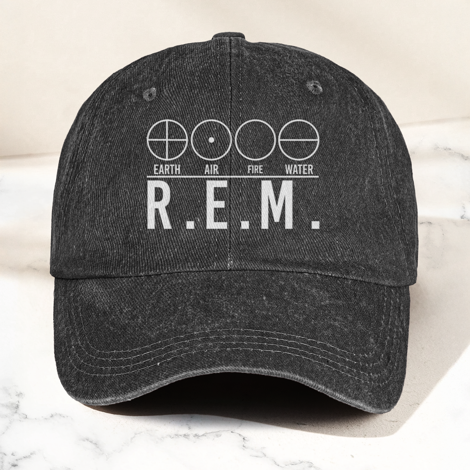 R.E.M Elements Logo Cap Vintage Washed Black Denim Dad Hat, Earth Air Fire Water Minimalist Band Hat (With Box)