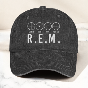 R.E.M Elements Logo Cap Vintage Washed Black Denim Dad Hat, Earth Air Fire Water Minimalist Band Hat (With Box)