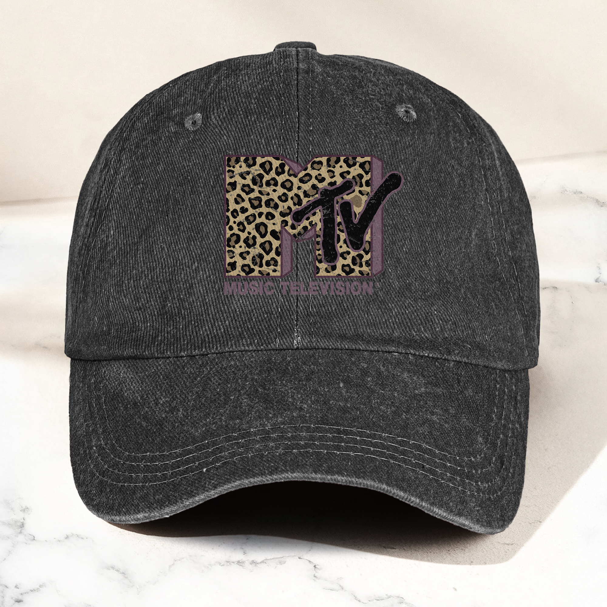 MTV Leopard Logo Cap Vintage Washed Hat, Retro Music Television Minimalist Streetwear Hat (With Box)