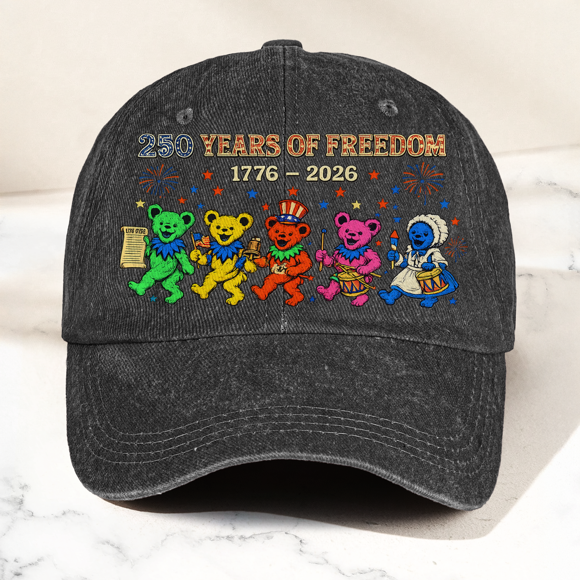 Grateful Dead 250 Years Of Freedom 1776 2026 4th of July Dancing Bears Denim Cap Retro Vintage Dad Cap Gift For Dad (With Box)