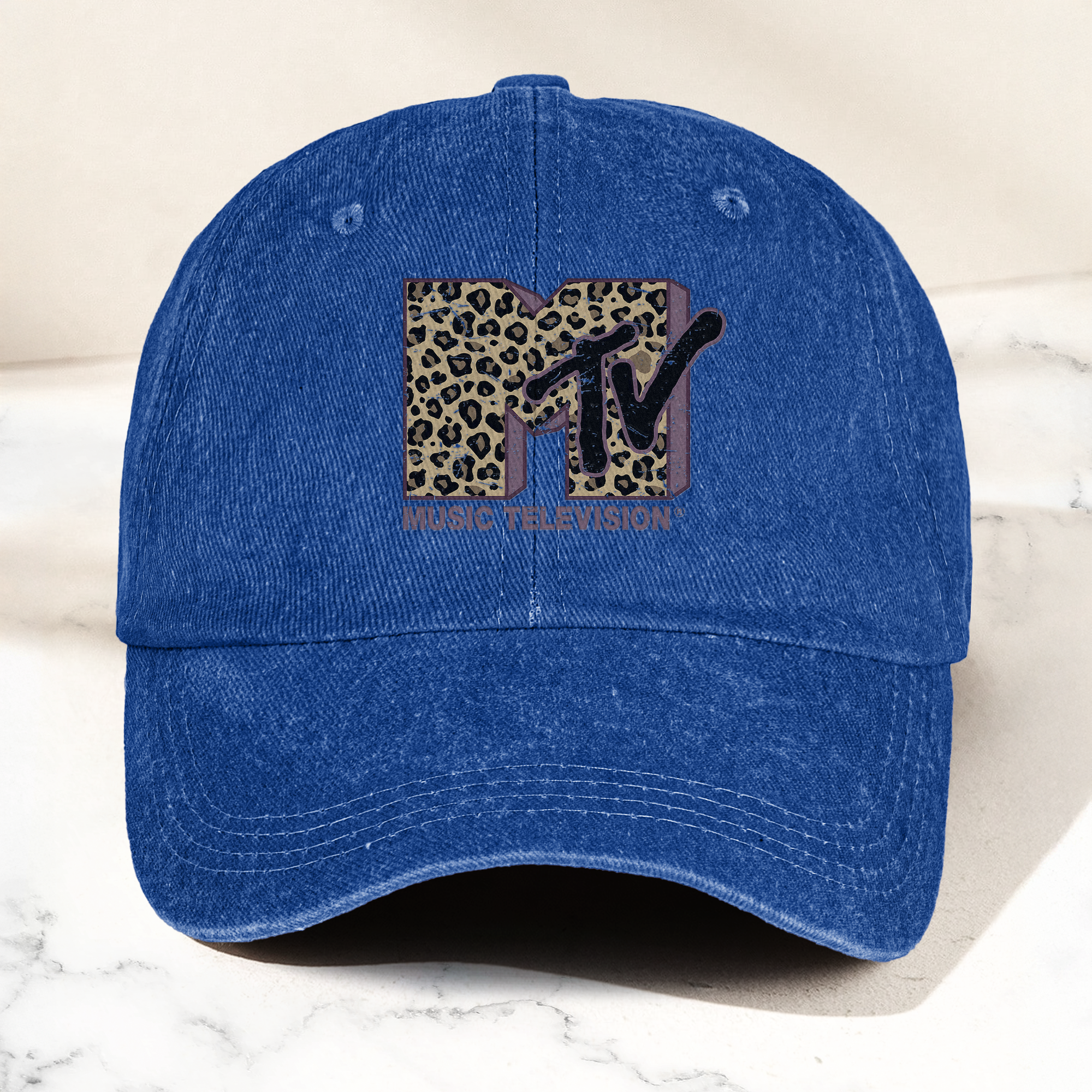 MTV Leopard Logo Cap Vintage Washed Hat, Retro Music Television Minimalist Streetwear Hat (With Box)