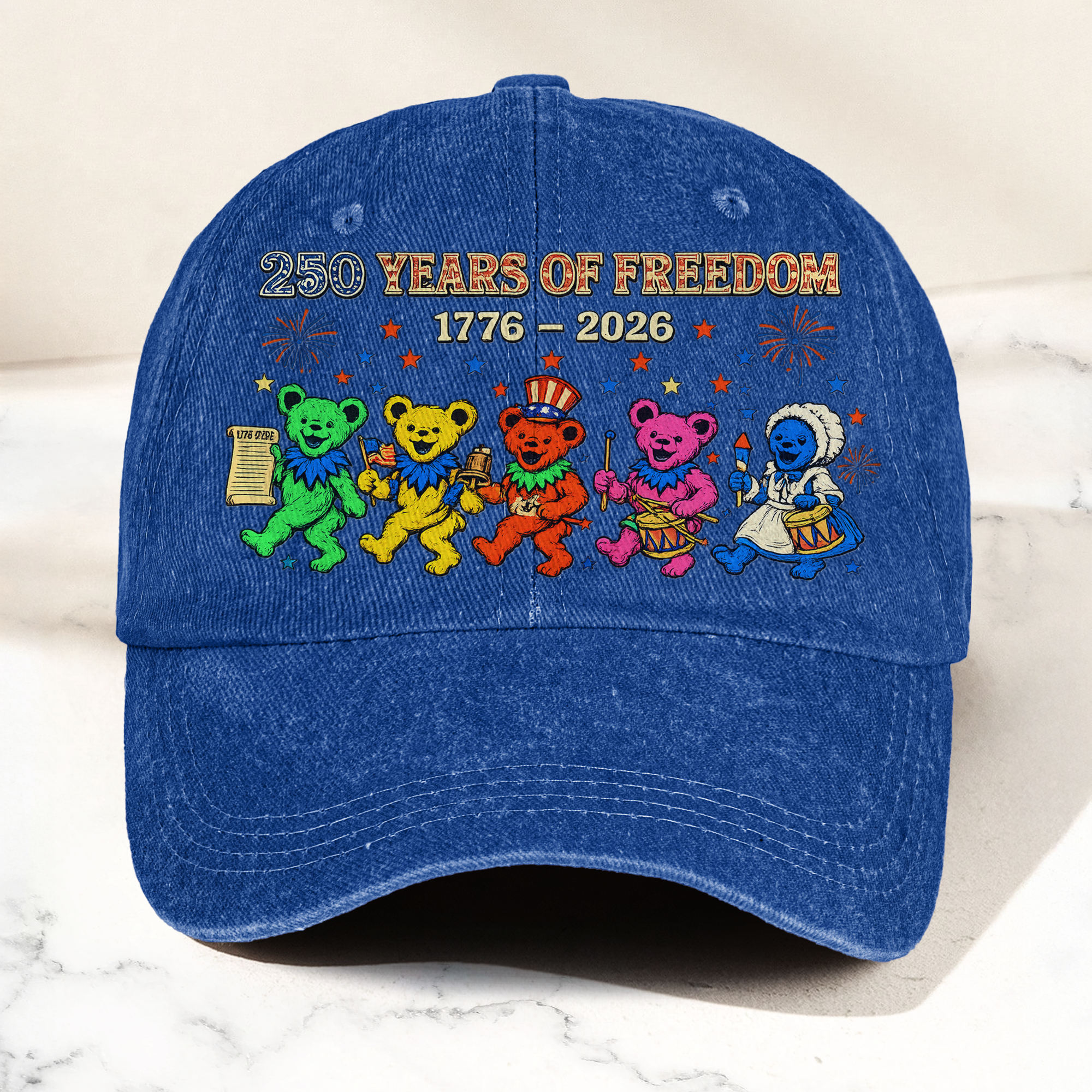 Grateful Dead 250 Years Of Freedom 1776 2026 4th of July Dancing Bears Denim Cap Retro Vintage Dad Cap Gift For Dad (With Box)