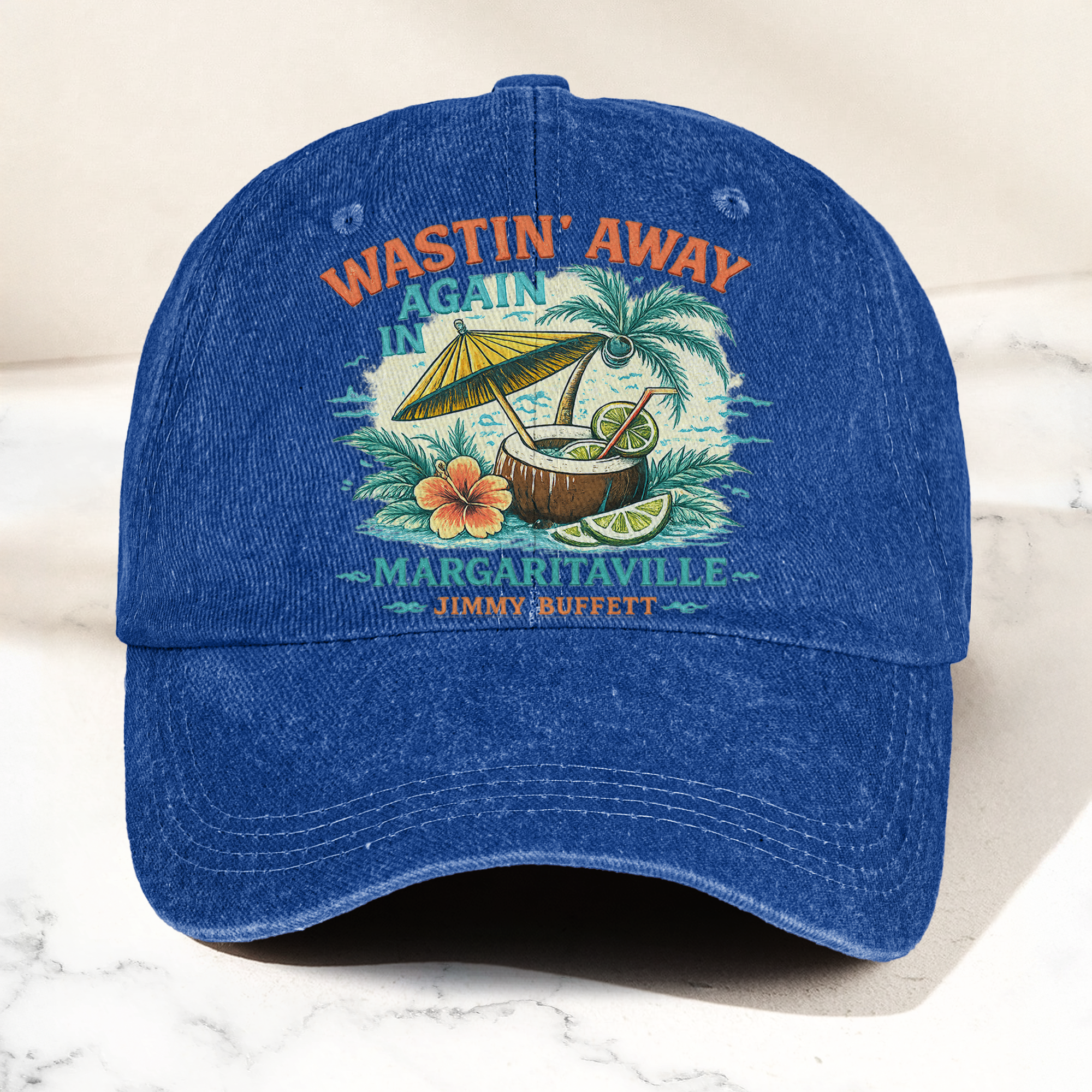 Jimmy Buffett Margaritaville Wastin Away Again Tropical Cocktail Beach Denim Cap Retro Vintage Dad Cap Gift For Dad (With Box)