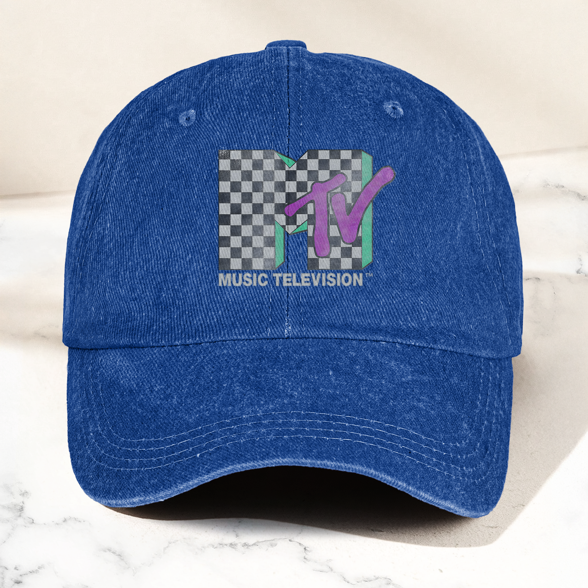 MTV Checkerboard Logo Cap Vintage Washed Hat, Retro 80s Music Television Streetwear Hat (With Box)