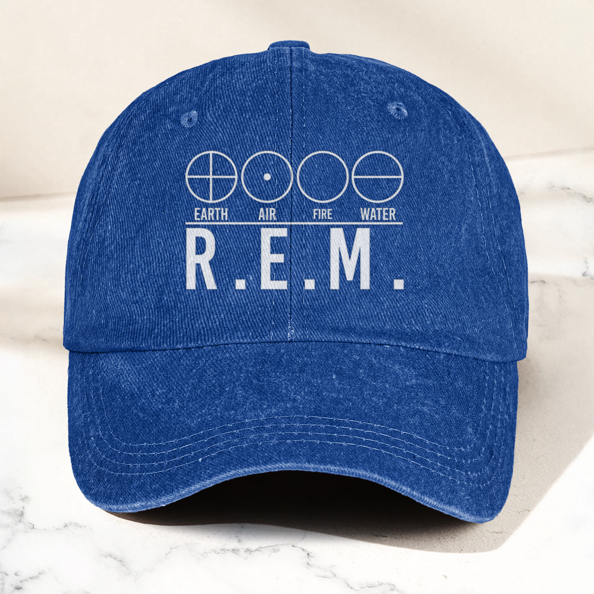 R.E.M Elements Logo Cap Vintage Washed Black Denim Dad Hat, Earth Air Fire Water Minimalist Band Hat (With Box)