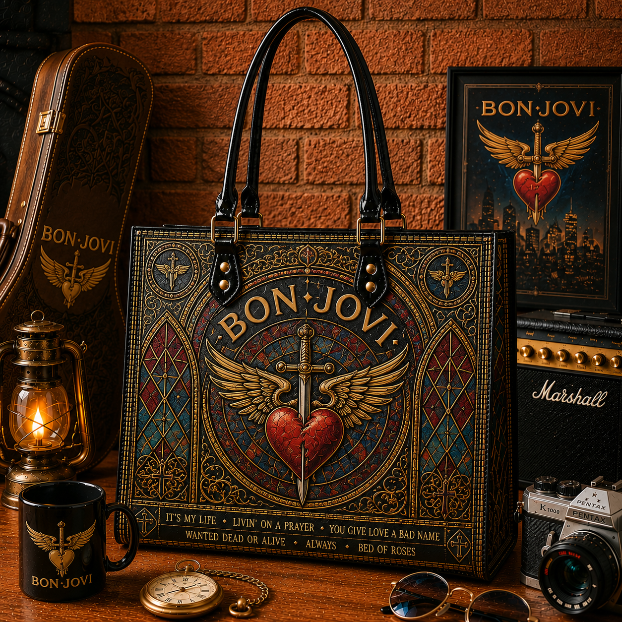 Bon Jovi Handbag, Tote Bag and Wallet Set, Stained Glass Heart and Dagger Design, Classic Rock Music Fan Gift