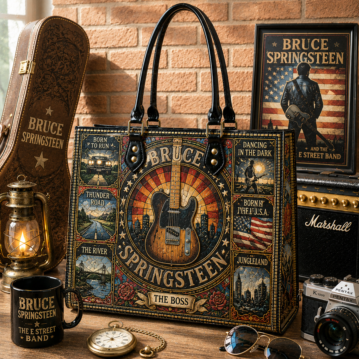 Bruce Springsteen Handbag, Tote Bag and Wallet Set, Vintage Stained Glass Guitar Design, The Boss Rock Music Fan Gift