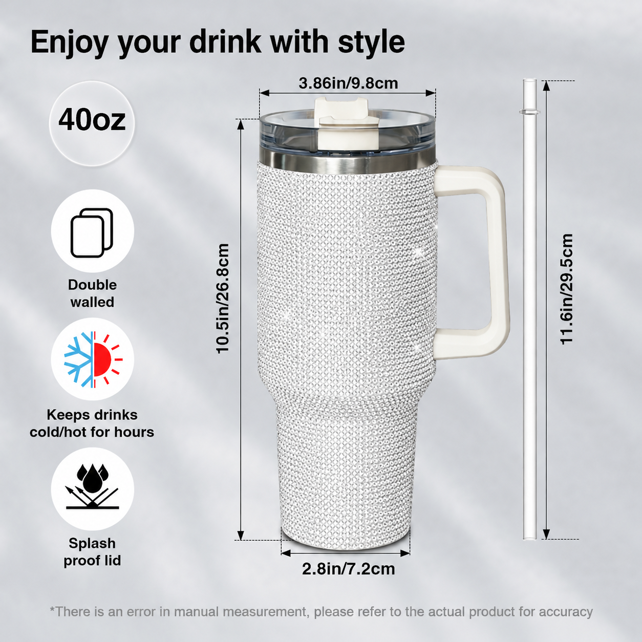 Rush 40oz Rhinestone Insulated Tumbler with Handle Stainless Steel Travel Mug with Straw and Lid