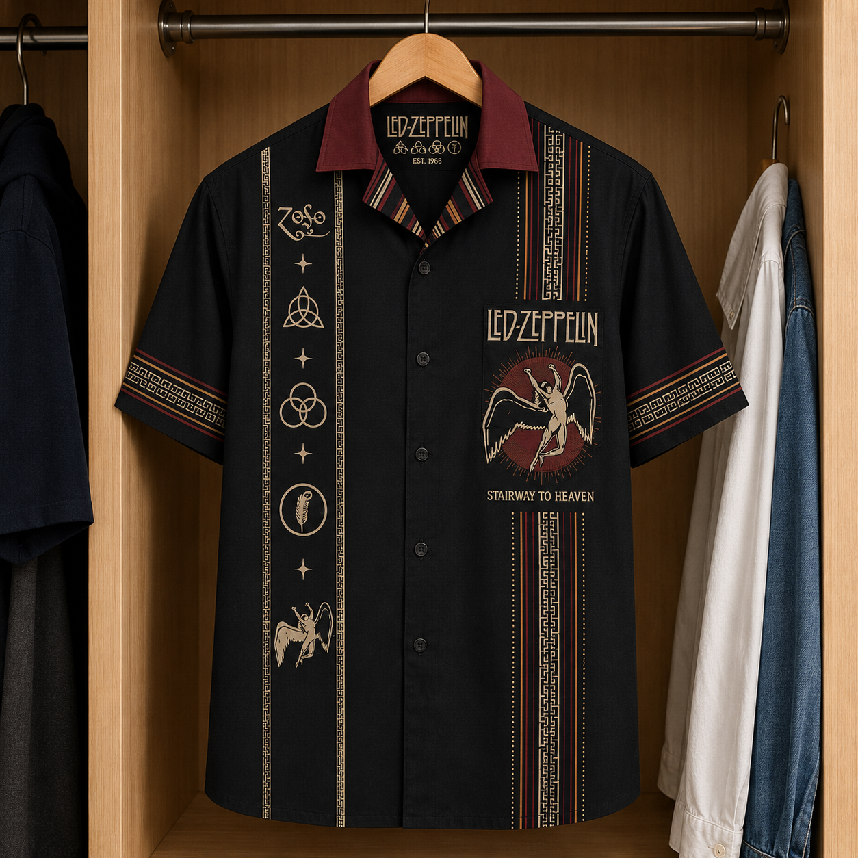 Led Zeppelin Luxury Design Hawaiian Shirt - Mexican Inpsired Swan Song Hawaiian Shirt Black Version