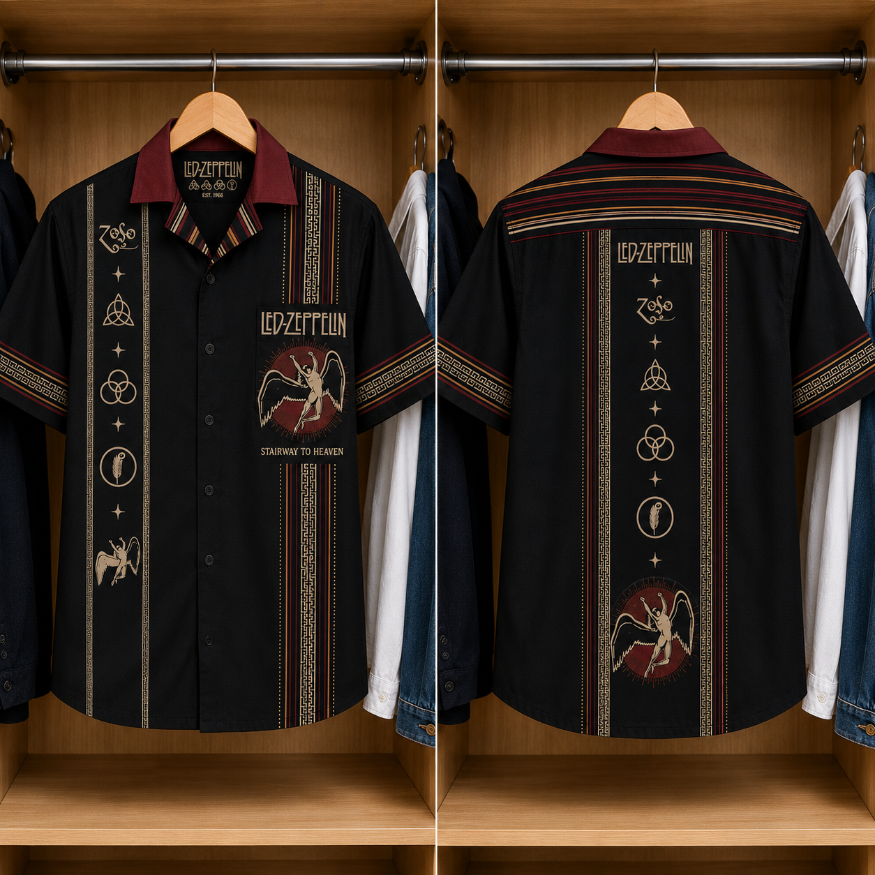 Led Zeppelin Luxury Design Hawaiian Shirt - Mexican Inpsired Swan Song Hawaiian Shirt Black Version
