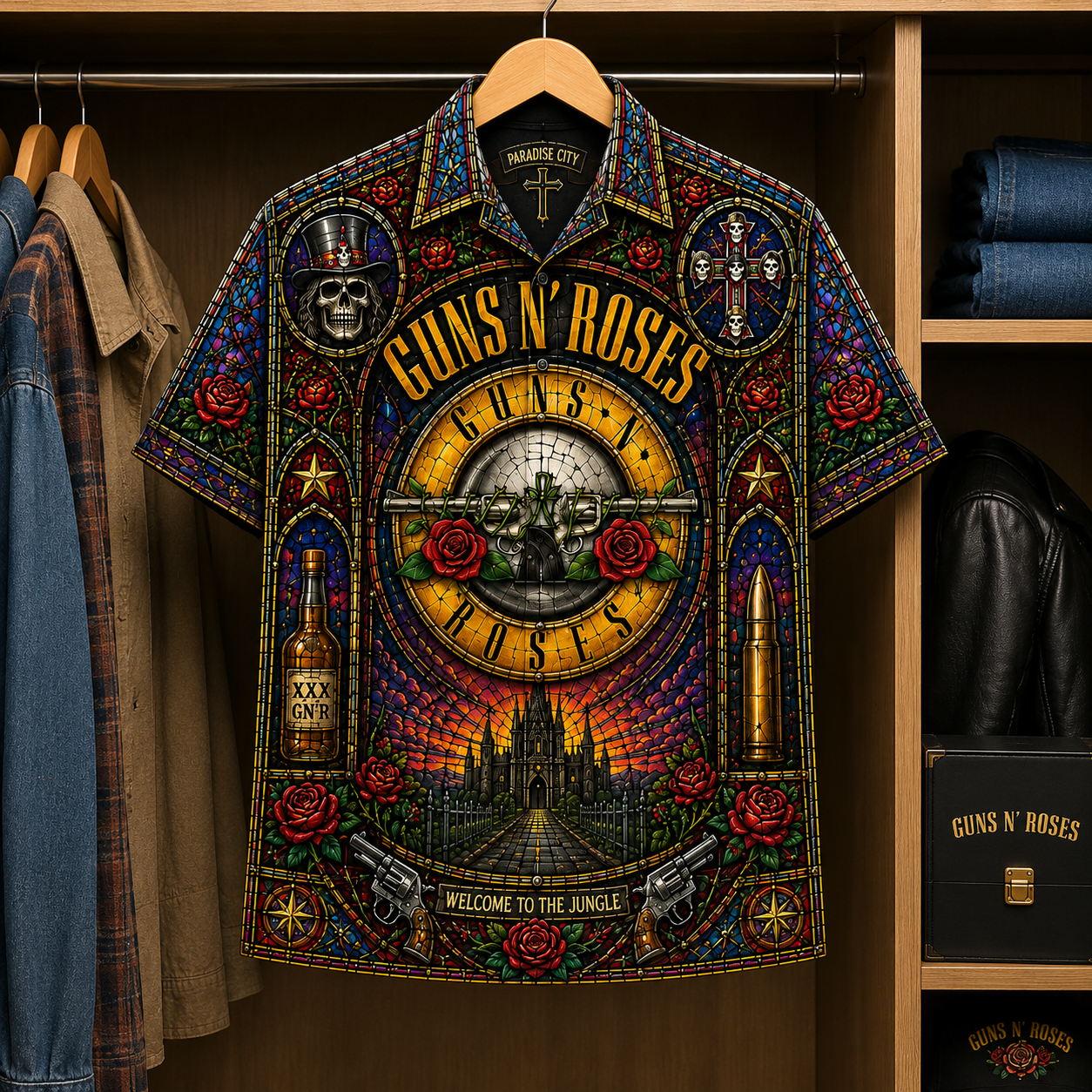 Gun N' Roses Stained Glass Hawaiian Shirt - Unisex Button Up