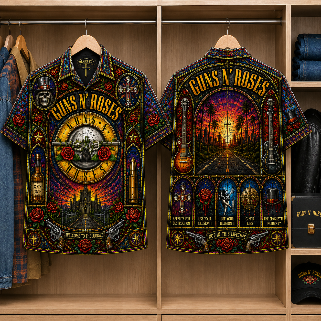 Gun N' Roses Stained Glass Hawaiian Shirt - Unisex Button Up