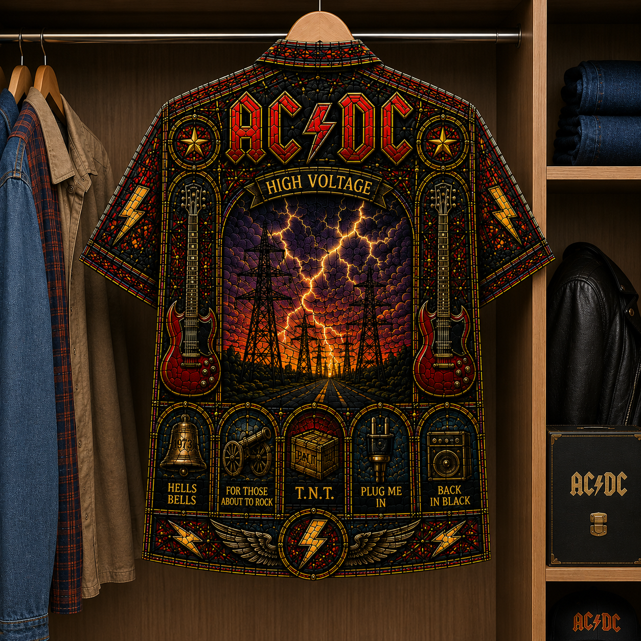 ACDC Stained Glass Hawaiian Shirt - Unisex Button Up