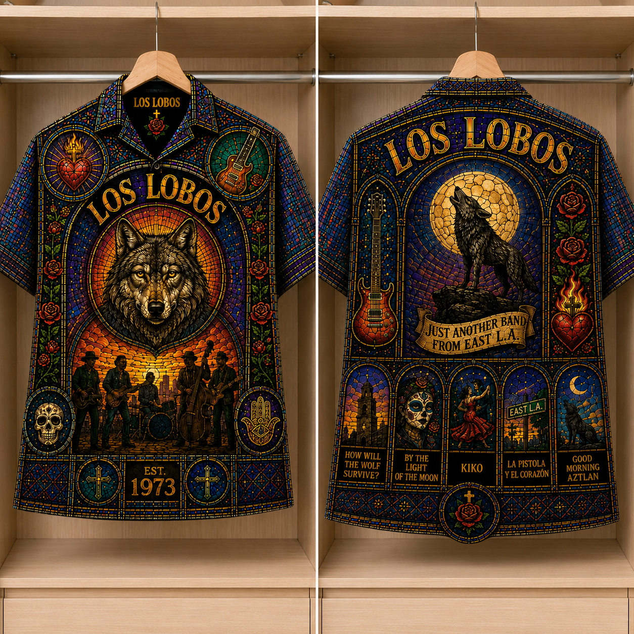 Los Lobos Stained Glass Hawaiian Shirt - Unisex Button Up