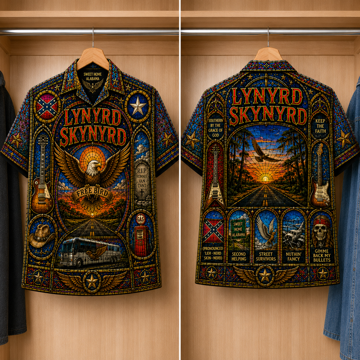 Lynyrd Skynyrd Inspired Stained Glass Hawaiian Shirt - Unisex Button Up