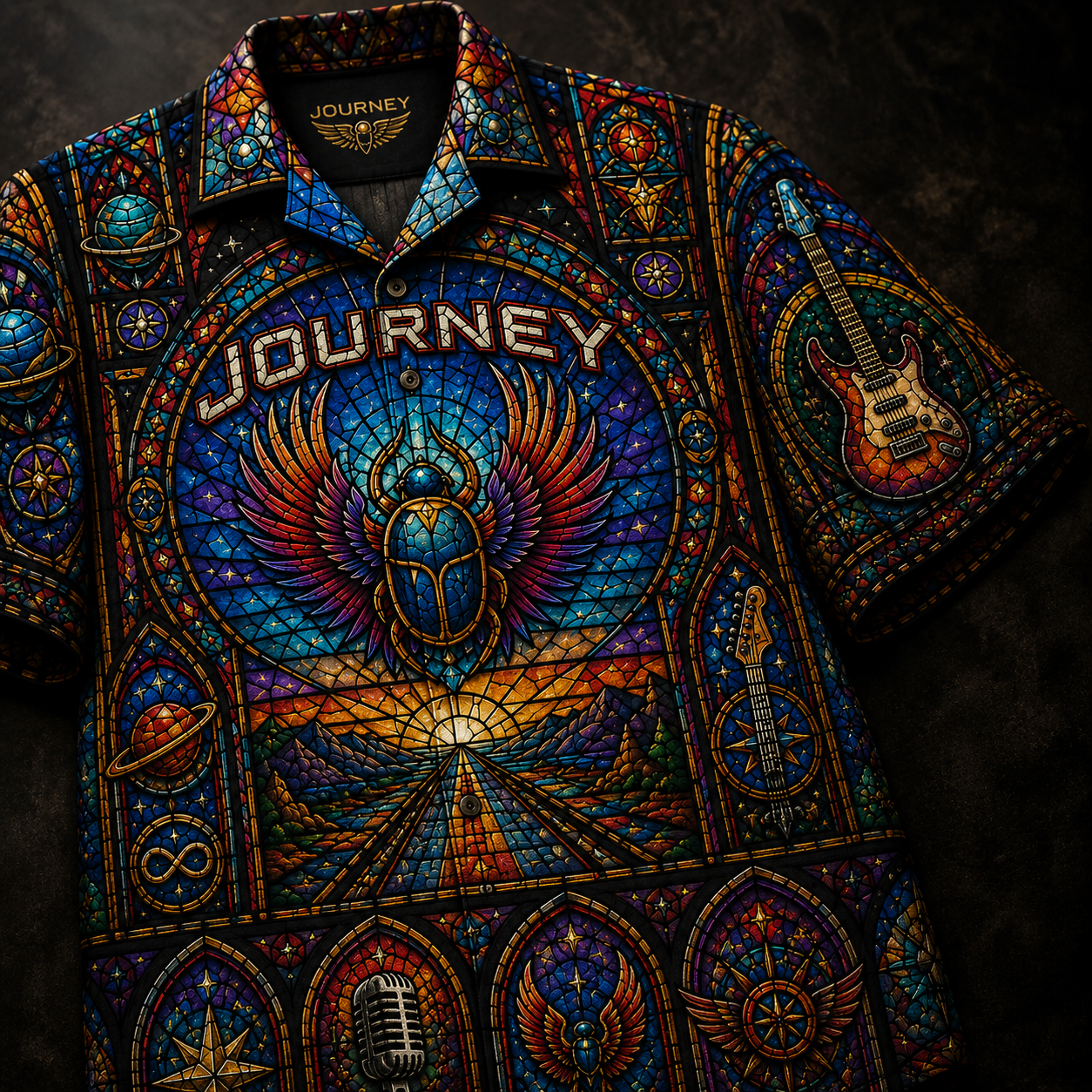 Journey Stainded Glass Hawaiian Shirt - Unisex Retro Modified Bear Cathedral Window Button Up