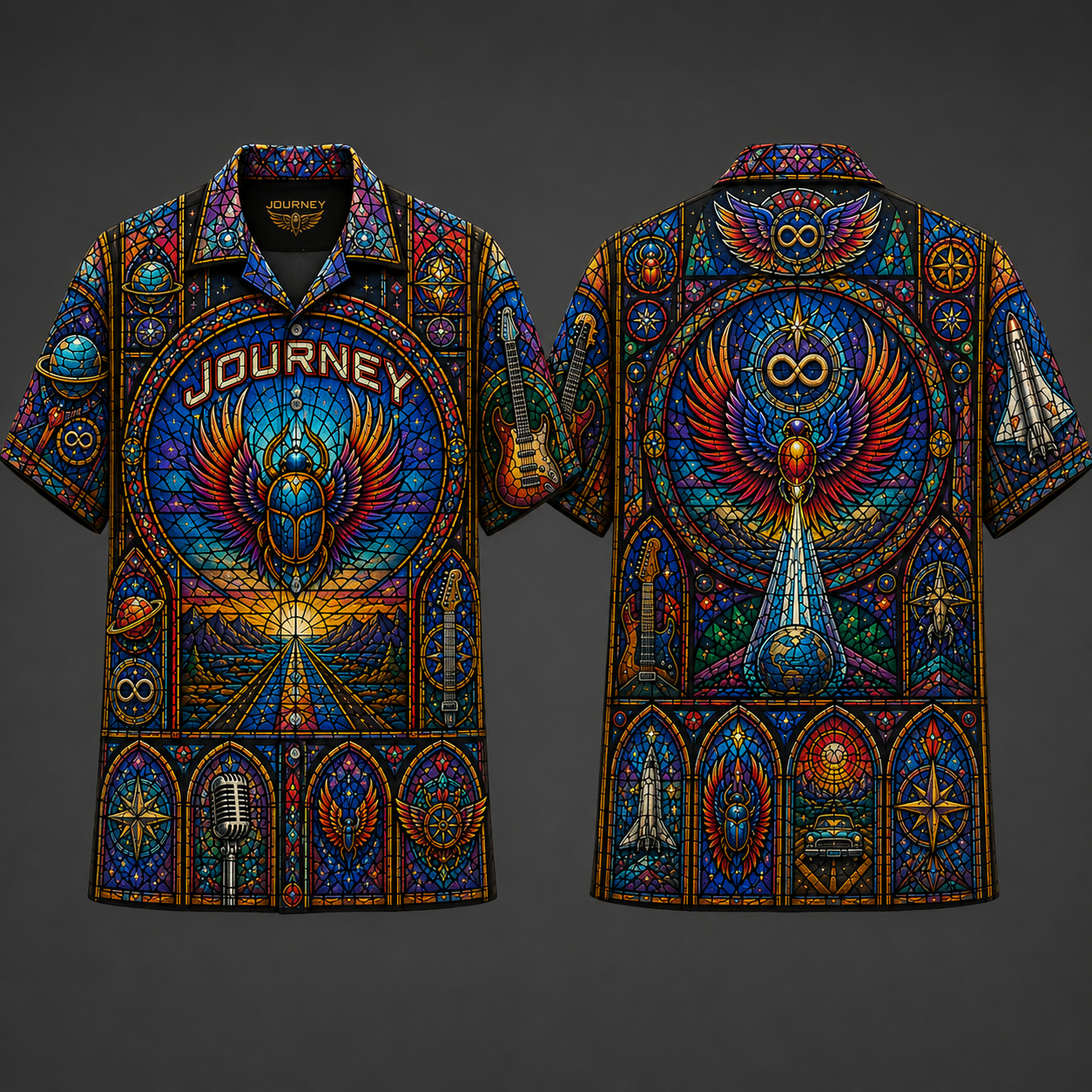 Journey Stainded Glass Hawaiian Shirt - Unisex Retro Modified Bear Cathedral Window Button Up