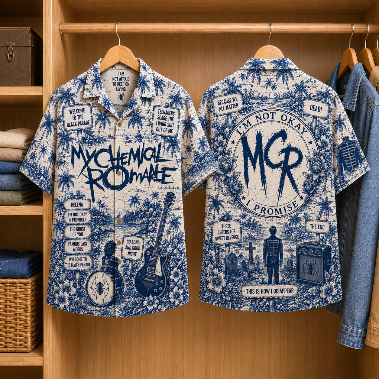 My Chemical Romance Tropical Blue Hawaiian Shirt - Unisex Music Collage Button Up