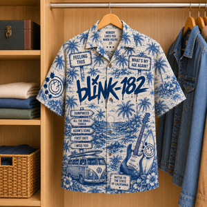 Blink-182 Tropical Blue Hawaiian Shirt - Unisex Music Collage Button Up