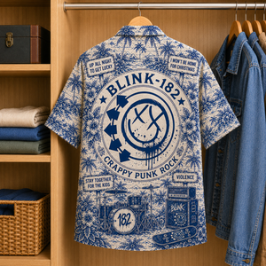 Blink-182 Tropical Blue Hawaiian Shirt - Unisex Music Collage Button Up
