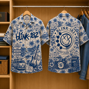 Blink-182 Tropical Blue Hawaiian Shirt - Unisex Music Collage Button Up