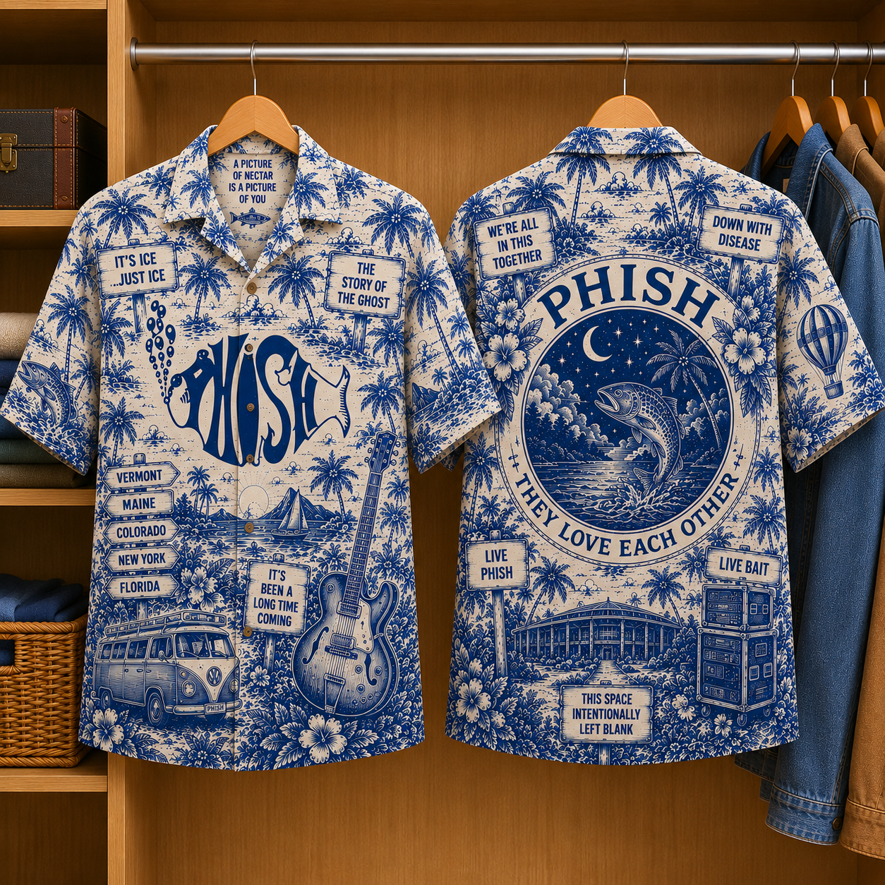 Phish Tropical Blue Hawaiian Shirt - Unisex Music Collage Button Up