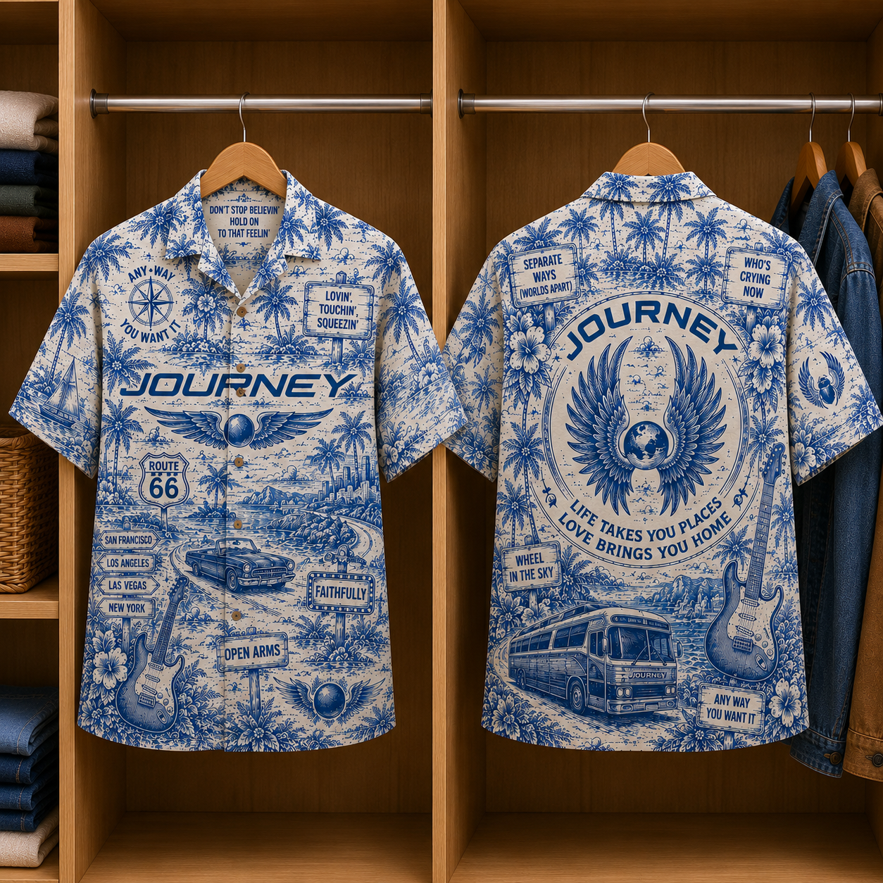 Journey Tropical Blue Hawaiian Shirt - Unisex Music Collage Button Up