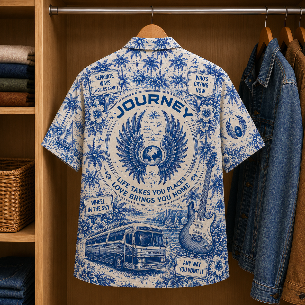 Journey Tropical Blue Hawaiian Shirt - Unisex Music Collage Button Up