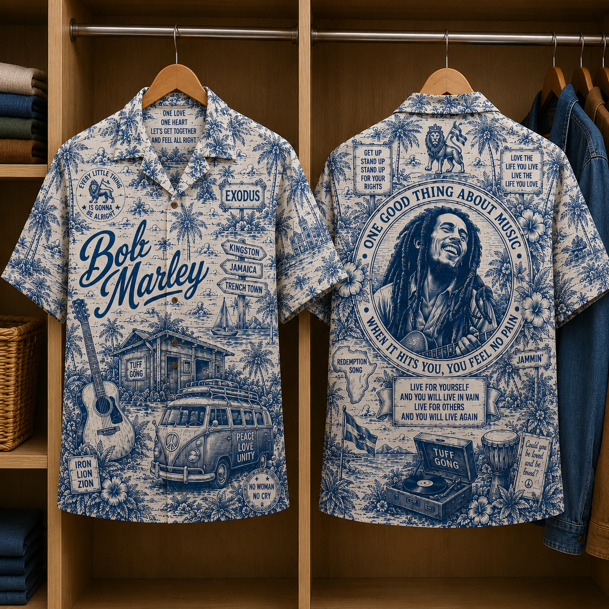 Bob Marley Tropical Blue Hawaiian Shirt - Unisex Music Collage Button Up