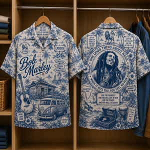 Bob Marley Tropical Blue Hawaiian Shirt - Unisex Music Collage Button Up