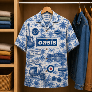 Oasis Tropical Blue Hawaiian Shirt - Unisex Music Collage Button Up