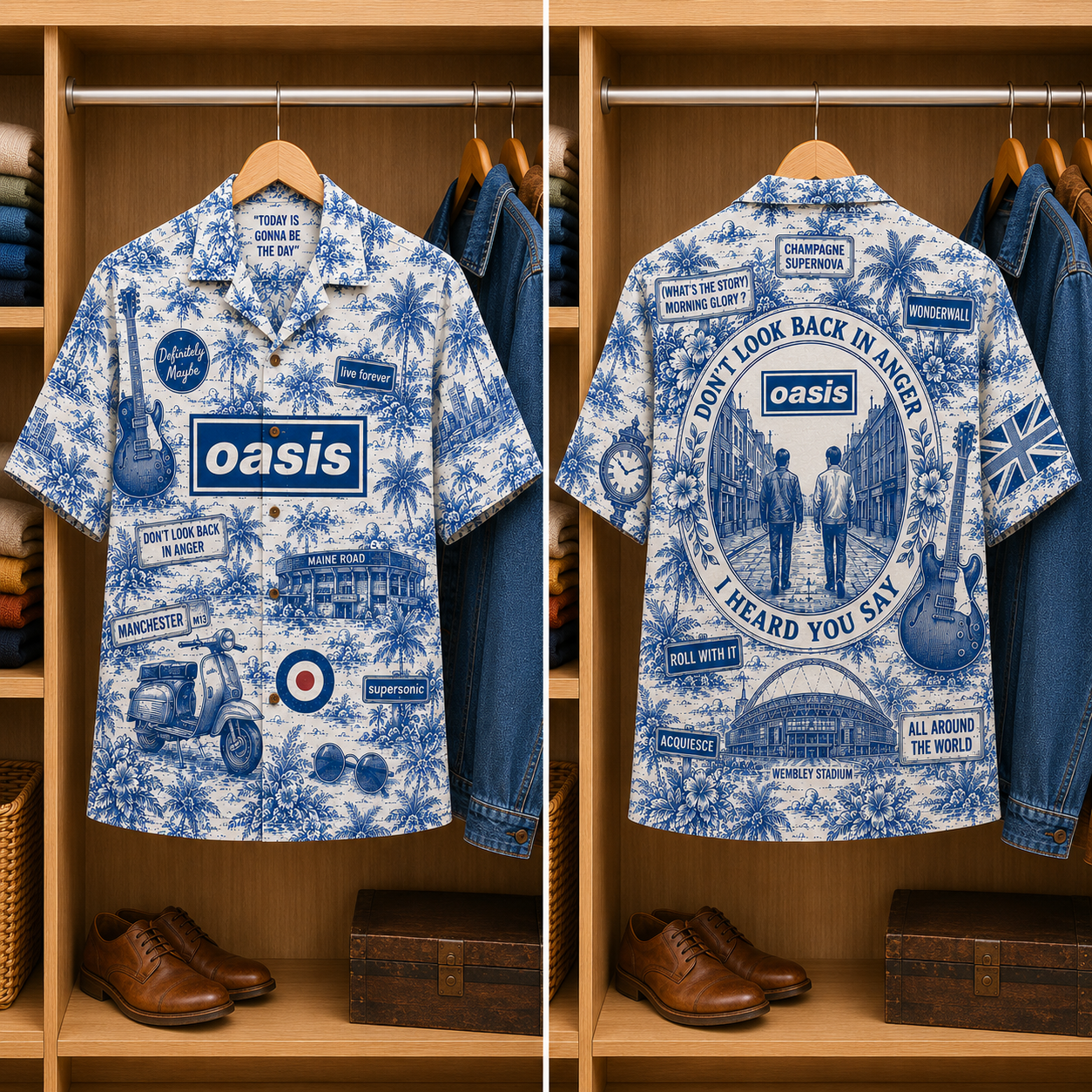 Oasis Tropical Blue Hawaiian Shirt - Unisex Music Collage Button Up