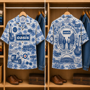 Oasis Tropical Blue Hawaiian Shirt - Unisex Music Collage Button Up