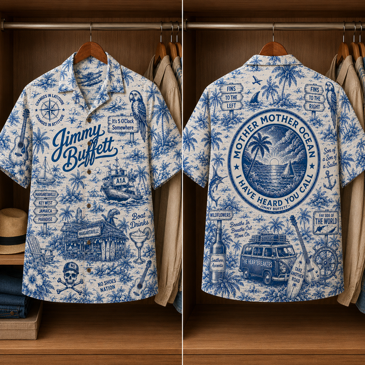 Jimmy Buffett Tropical Blue Hawaiian Shirt - Unisex Music Collage Button Up